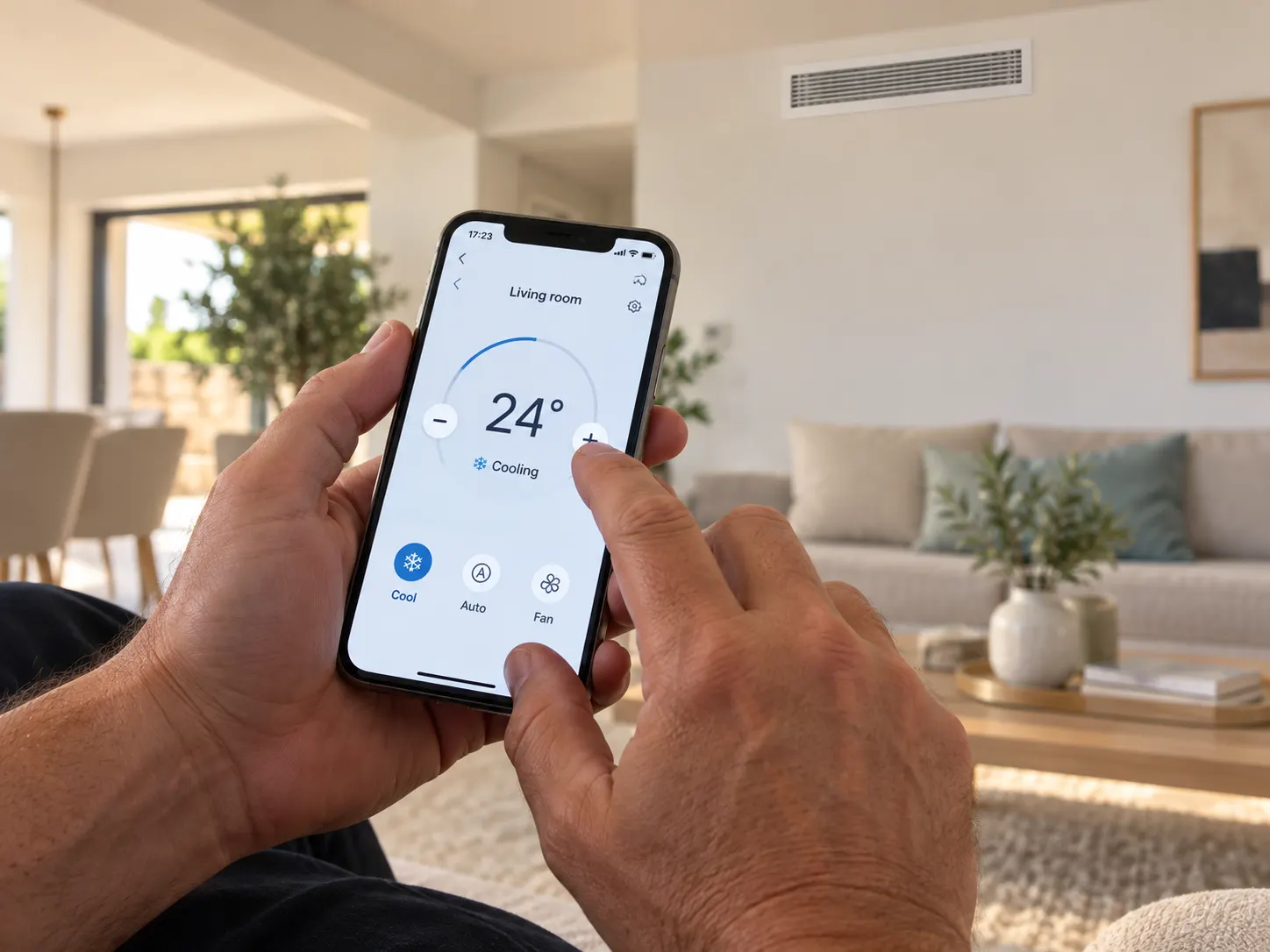 Hands holding a phone showing a room control app set to 24 degrees cooling for the living room, with a ducted air grille on the wall behind