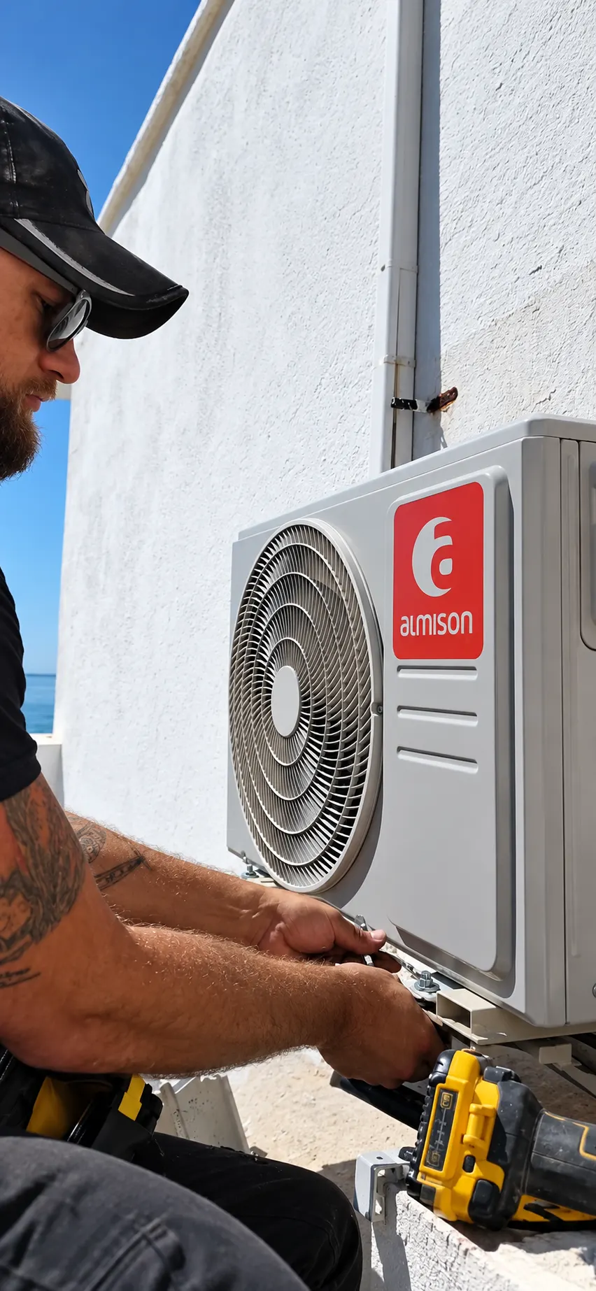 Richard working on the mounting brackets of an Almison outdoor air conditioning unit beside a white wall overlooking the sea