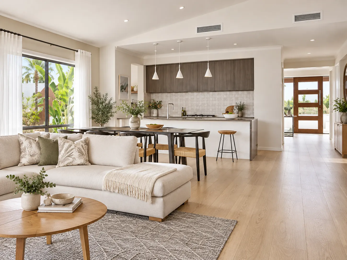 Open-plan living room and kitchen with discreet ducted air conditioning grilles in the ceiling