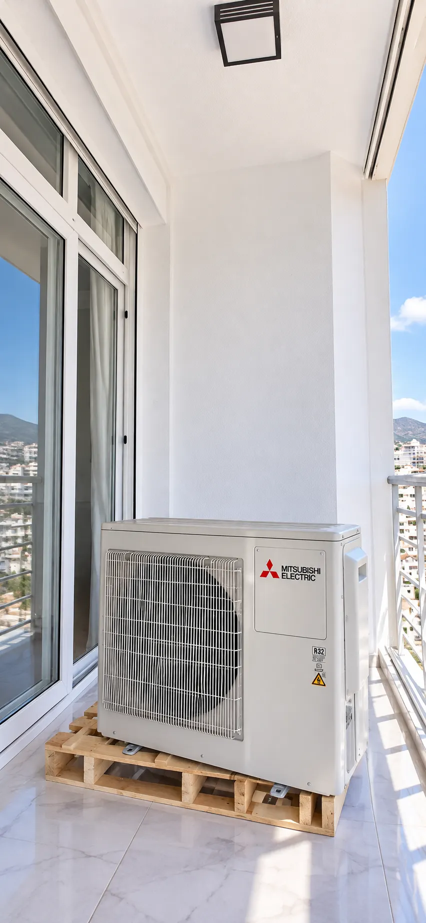 Mitsubishi Electric multi-split outdoor unit installed on an apartment balcony with sea-view hills behind