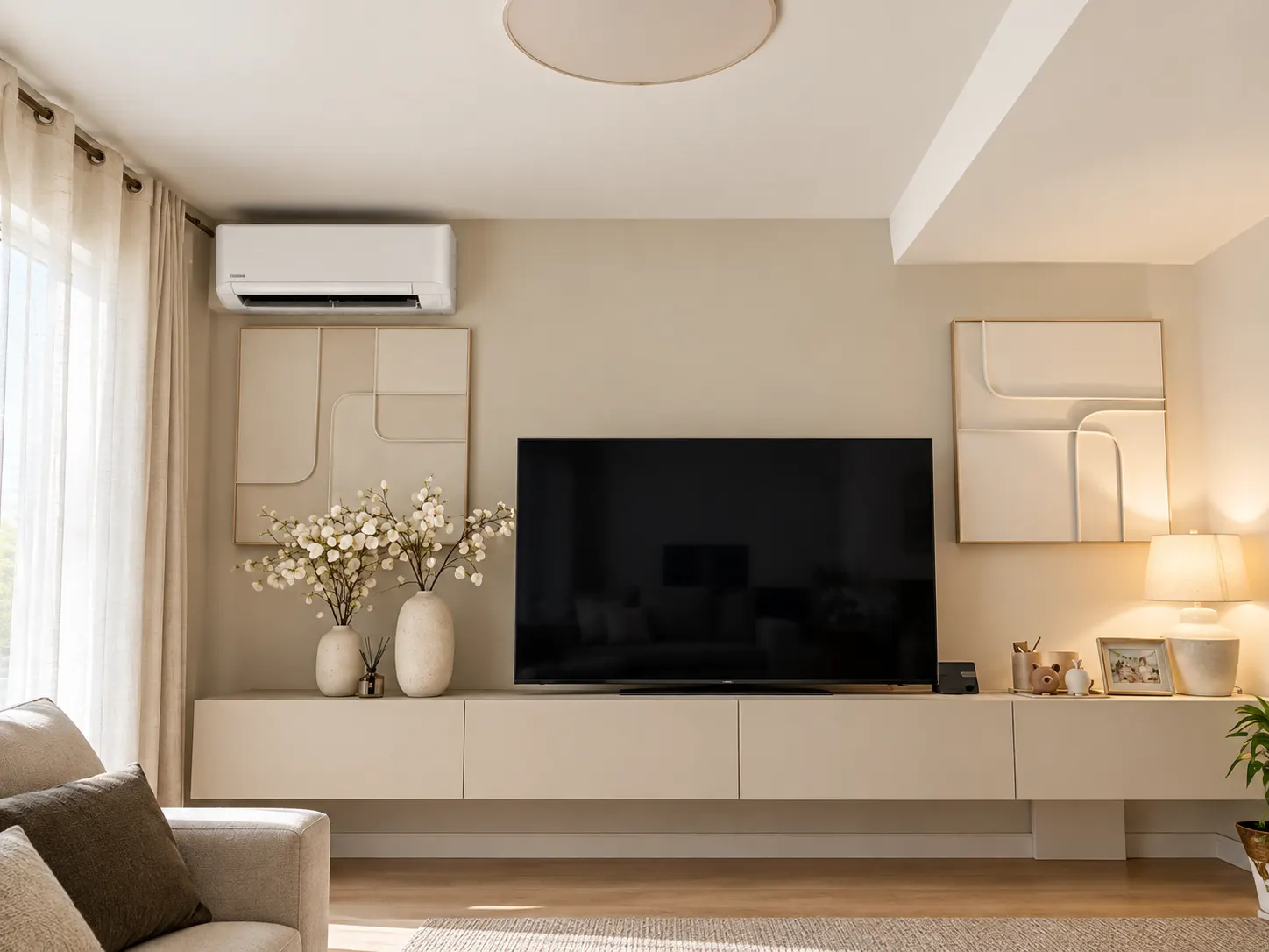 Living room with a white wall-mounted single split air conditioning unit fitted high on the wall