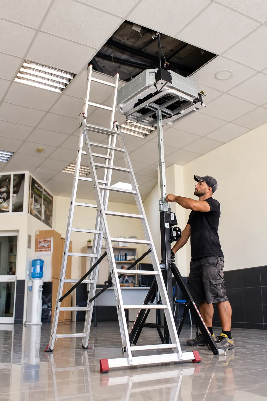 Richard using a lift to raise a ceiling cassette unit into a suspended ceiling